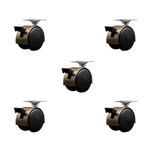 2'' Antique Metal Hood Twin Caster with Brake Nylon Wheels Top Plate, 5PK